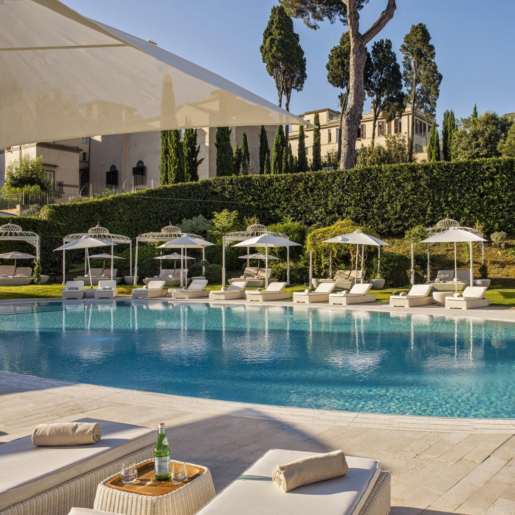 The pool and lounge chairs at a Gran Melia resort